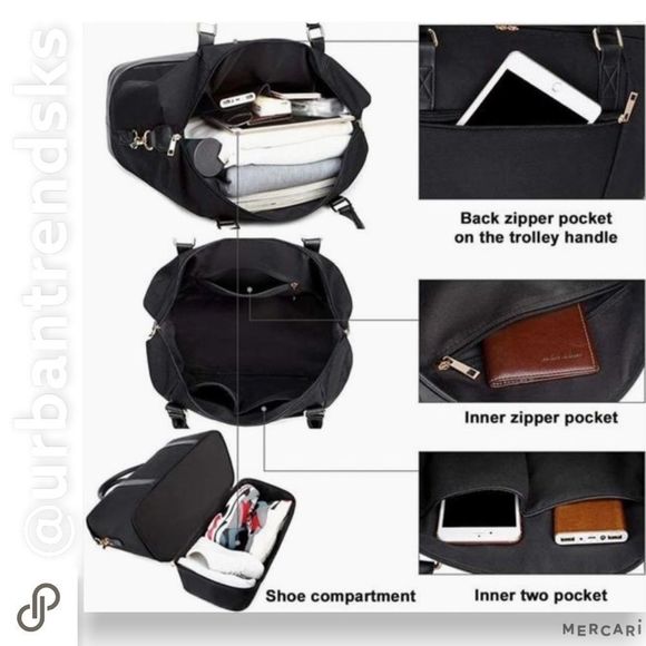 Travel Weekender Bag Overnight Travel Tote Luggage Black with shoe compartment - Picture 3 of 4